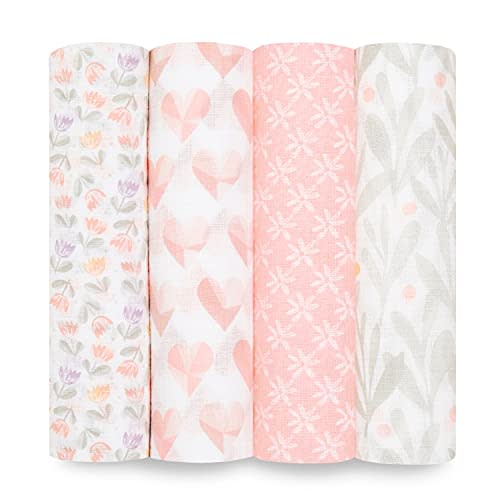 aden + anais Essentials Swaddle Blanket, Boutique Muslin Blankets for Girls & Boys, Baby Receiving Swaddles, Ideal Newborn & Infant Swaddling Set, Perfect Shower Gifts, 4 Pack, Piece of My Heart