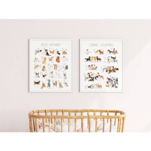 Dog Nursery Decor, Dog Alphabet and Counting Print, Watercolor Dog Art, Dog Letters and Numbers, Puppy Themed Nursery, Dog Lover Gift