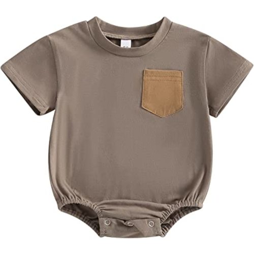 Unisex Baby Boy Girl Bubble Romper Color Block Short Sleeve Oversized Pocket T-Shirt Bodysuit Top Summer Clothes