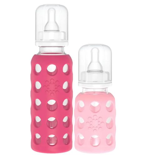 Lifefactory Glass Baby Bottle BPA Free | Protective Silicone Sleeve | 4oz/9 oz Pack of 2 | Raspberry, Pink