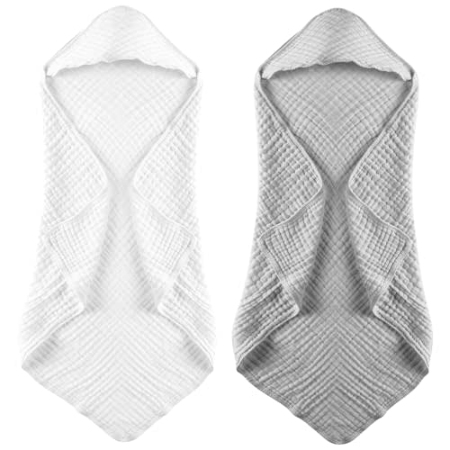 MUKIN Baby Hooded Towels, Muslin Cotton, 2-Pack, for Newborn, Infant, Toddler and Kids (White,Grey)