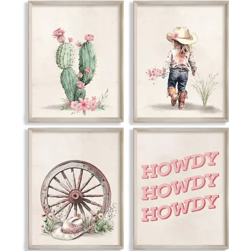 MOCVSWO Western Howdy Cowgirl Cowboy Hat Cactus Desert Wall Art Prints for Cowgirl Nursery Decor And Kids Room Girs Room Decoration,Set Of 4(8''x10''Inches,Unframed).