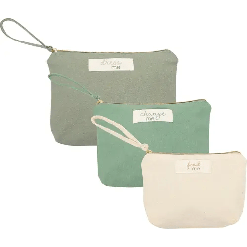Pearhead Baby Diaper Bag Organizing Pouch Set – Feed Me, Change Me, Dress Me – Zip Pouches Made from Recycled Cotton, Gender Neutral Diaper Bag Accessories and Baby Essentials Organizer - Set of 3