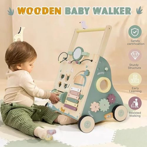 Wooden Baby Walker, Baby Push Walker, Adjustable Speed Baby Walker with Wheel for Boys and Girls, Montessori Walker Toy, Toddler Activity Center