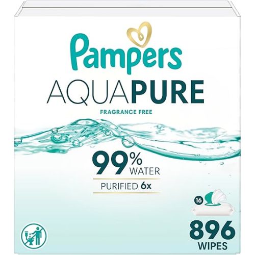 Pampers Aqua Pure Baby Wipes, 99% Water, Fragrance Free, Unscented, Water Based, Multi-Use, 896 Wipes Total (16X Flip-Top Packs) [Packaging May Vary]