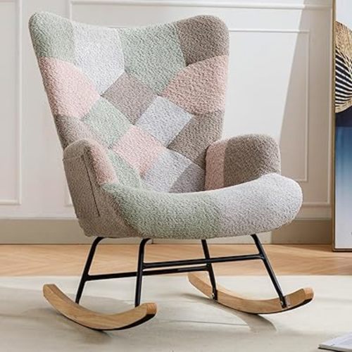 Nursery Rocking Chair Teddy Upholstered Glider Rocker Rocking Accent Chair with High Backrest Armchair Comfy Side Chair for Living Room, Bedroom, Offices (Spliced Pink)