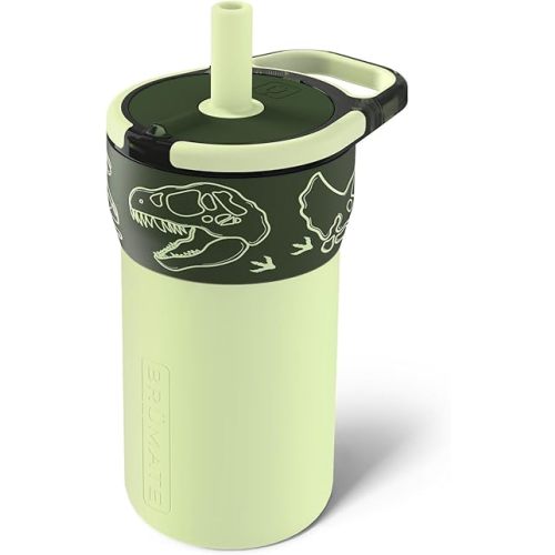 BrüMate Leap 12oz 100% Leakproof Kids Tumbler with Handle and Silicone Soft Straw | Drop Resistant Silicone Sleeve | For Kids 4+ | Insulated Stainless Steel | Cup Holder Friendly | 12oz (Dinos)