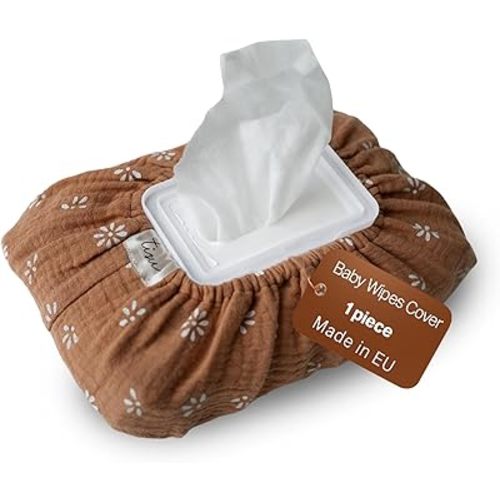 Baby Wipes Cover – Universal Size, One Size Fits All Wipes Packages | Muslin Cotton Tissue Cover for Nursery, Diaper Bag & Changing Table, Station | Gingham & Neutral Patterns (Caramel Daisy)