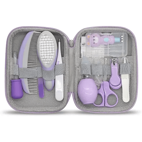 Baby Grooming Kit, 15 in 1 Portable Baby Safety Care Kit with Baby Brush and Comb Set Nail Clippers Nasal Aspirator etc for Nursery Newborn Infant Girl Boys Keep Clean Baby Essentials (Purple)