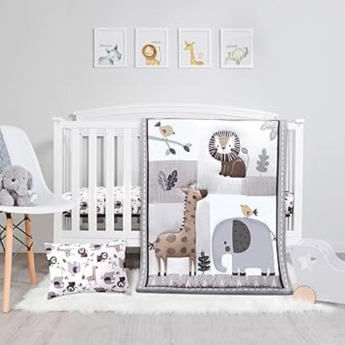 JISEN 3 Piece Crib Bedding Set Soft Baby Crib Bedding Set Jungle Animals Crib Comforter Set - Comforter Crib Sheet Pillowcase Grey Nursery Bedding Sets for Baby Girls or Boys