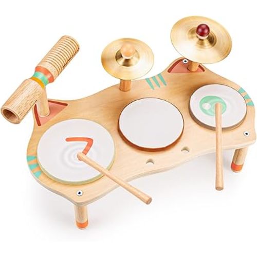 OATHX Kids Drum Set for Toddlers 3+, All-in-One Montessori Musical Instruments - Wooden Music Toys for Baby, Neutral Colors, Sensory Preschool Drum Kit, Birthday Gifts for Boys Girls
