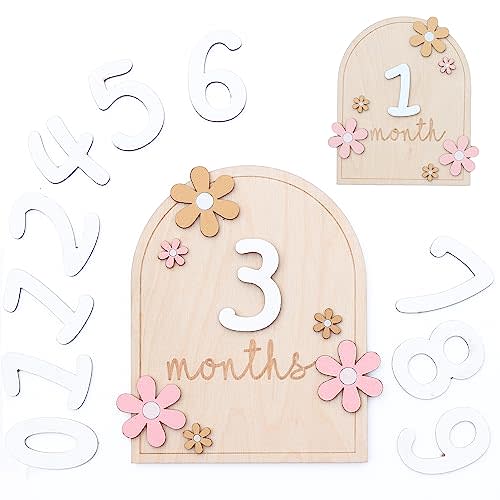 Baby Monthly Milestone Cards - Wooden Monthly Milestone Discs - Newborn Photography Props to Document Your Baby´s Growth - Baby Announcement Sign (AA Flower)