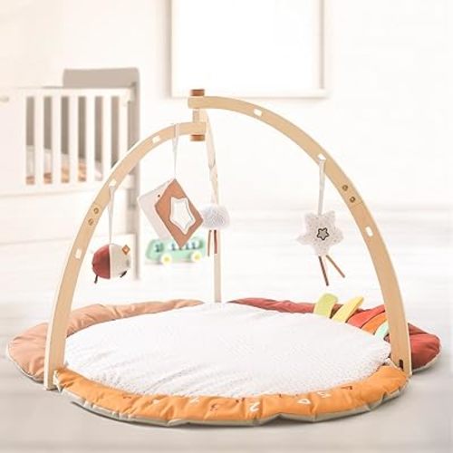 Wooden Baby Play Gym with Play Mat,Foldable Activity Center for Baby with 4 Hanging Sensory Toys,Infant Baby Play Gym with Flower Shape Playmat for Newborn Baby Girls Baby Boys