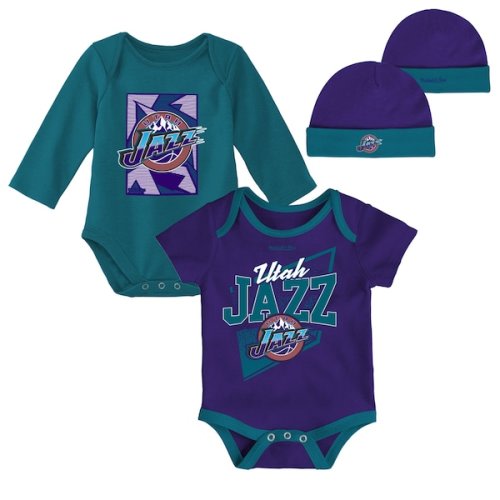 Infant Utah Jazz Mitchell & Ness Purple/Teal Hardwood Classics Bodysuits & Cuffed Knit Hat Set