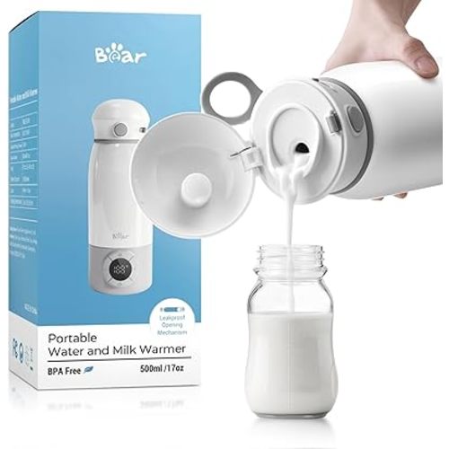 Bear Portable Bottle Warmer for Travel, Milk Warmer for Breastmilk Formula, 17oz Large Capacity Water Warmer with Precise Temp Control, Fast Heating&Long Battery for Travel Car Airplane