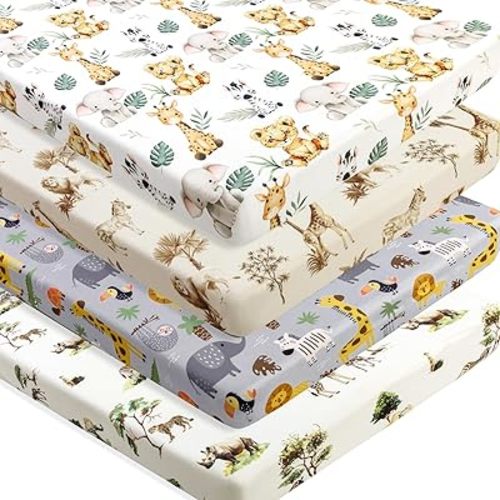 4 Pack Safari Jungle Animals Neutral Unisex Fitted Nursery Baby Sheets Set Toddler Mattress Sheets for Baby Boys or Girls (Pack N Play Sheets)
