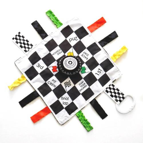 Baby Jack & Co 10x10” Racing Sports Lovey Sensory Plush Blanket - Tag Toy - Baby Stroller Toy - Perfect MVP Baby Tire Toy - Baby Sports Gift