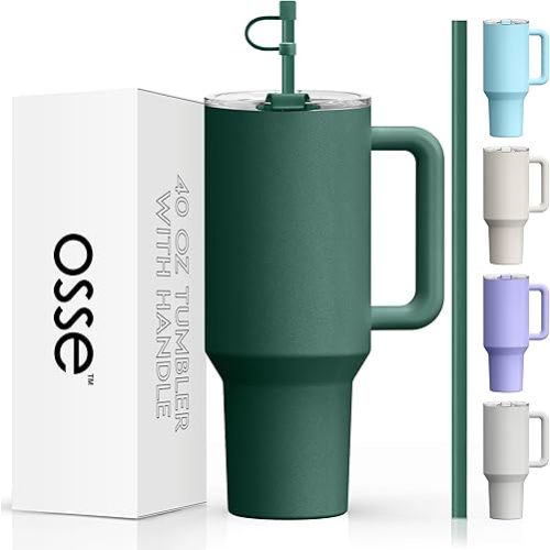 osse 40oz Tumbler with Handle and Straw Lid | Double Wall Vacuum Reusable Stainless Steel Insulated Water Bottle Travel Mug Cup | Modern Insulated Tumblers Cupholder Friendly (Pine)
