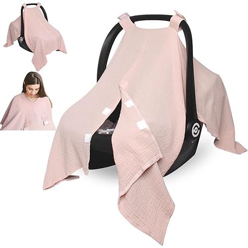 Muslin Car Seat Cover for Babies, Multi-use Nursing Cover for Baby Breastfeeding, Breathable Infant Car Seat Covers Baby Carrier Cover, Peekaboo Opening Carseat Canopy for Newborn (Pink)