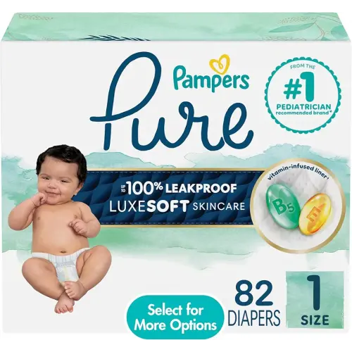 Pampers Pure Protection Diapers, Size 1, 82 Count for Up to 100% Leakproof, Plant-based Skin Protection