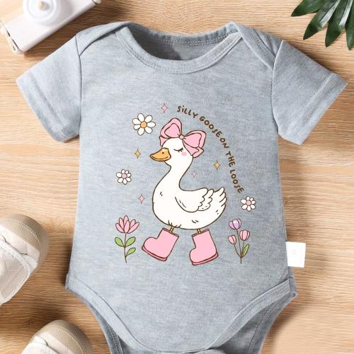 Baby Girl Triangle Romper "Silly Goose on The Loose" Letter with Pink Bow, Duck Wearing Pink Rain Boots, Flower And Other Print Newborn Cute Short-Sleeved Climbing Suit PFCTX5831, for Outdoor