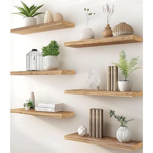 PHPH Wood Floating Shelves for Wall, Wooden Wall Shelves for Bedroom, Set of 6 Light Brown 17 Inch