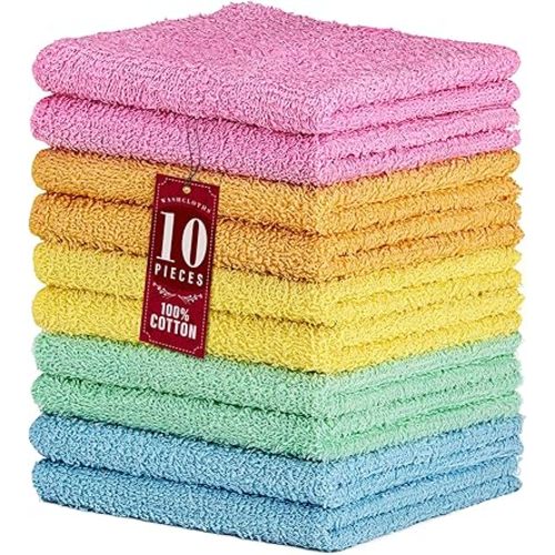 DecorRack 10 Pack 100% Cotton Wash Cloth, Luxurious Soft, 12 x 12 inch Ultra Absorbent, Machine Washable Washcloths, Assorted Colors (10 Pack)