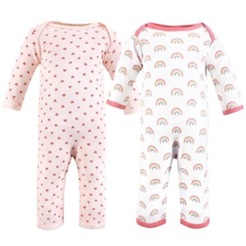 Hudson Baby Infant Girl Thermal Coveralls 2pk, Creative Rainbows, 6-9 Months