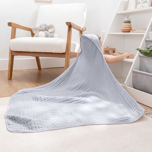 Comfy Cubs Hooded Baby Towel 1-Pack, Large 32 x 32 Inch - 6 Layer 100% Muslin Cotton for Babies, Toddlers and Kids - Soft & Absorbent Baby Bath Towels - Unisex Design for Bath Time - Slate