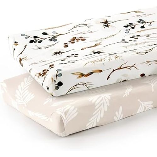 GRSSDER Stretch Ultra Soft Jersey Knit Changing Pad Cover Set 2 Pack, Change Table Pad Covers Fit 32"/34" x 16" Pads Safe and Snug, Unisex Stylish Pretty Diaper Change Table Sheets for Baby, Beige