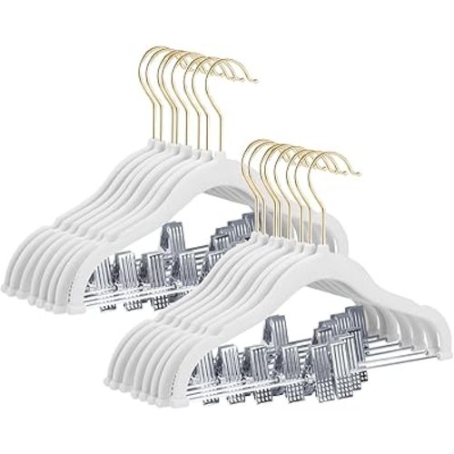 Stormix Baby Hangers, 14 Pack Pants Hangers with Clips, Non-Slip Clothes Hangers, Heavy-Duty Kids Hangers for Shirts, Pants, Skirts, Dresses, Jackets, Coat White (Gold Hook)