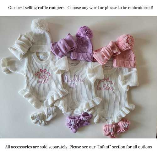 Embroidered Ruffle Romper, Birth Announcement for Baby Girl, Knit Embroidered Romper, 100% Cotton Romper, Baby Shower Gift