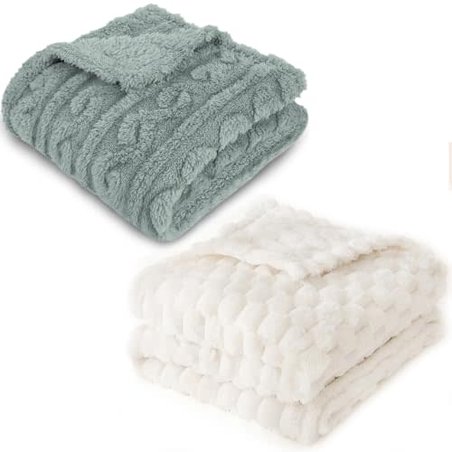 HOMRITAR 3D Fleece Fluffy Fuzzy Blanket for Baby + 3D Imitation Turtle Shell Jacquard Bed Blankets Celadon and Cream 30 x 40 Inch