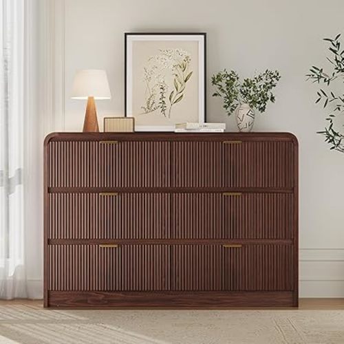 Fluted 6 Drawers Dresser for Bedroom, 54" Wide Wooden Dresser with Metal Handle, Curved Profile Design, Modern Storage Organizer for Living Room, Hallway (Walnut)