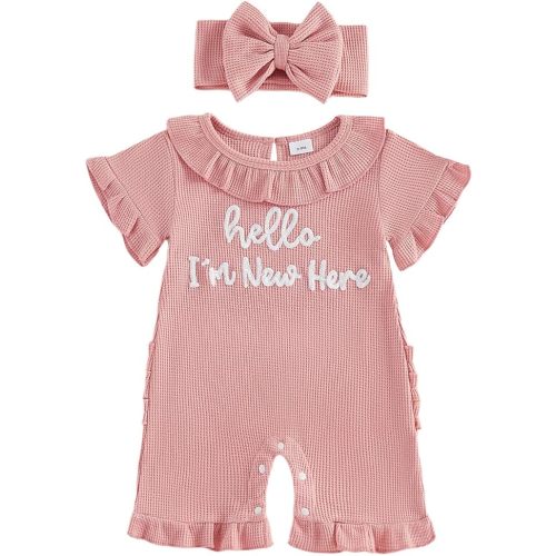 Infant Baby Girl Summer Outfit Crew Neck Little Sister Lil Sis Embroidery Romper Jumpsuit Newborn Waffle Clothes