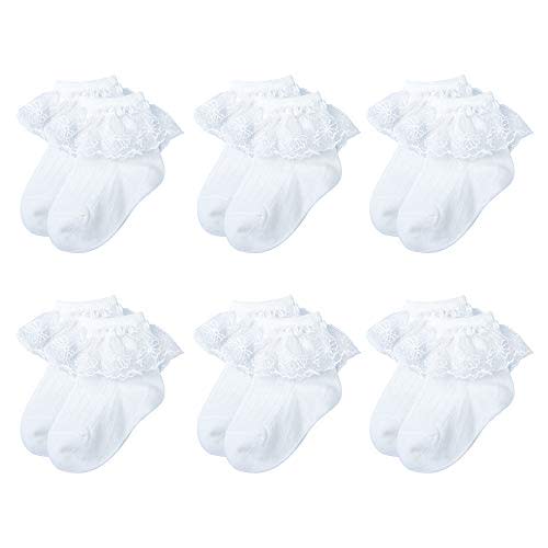 VINIKNIKA 6 Pairs Baby Girls Socks - Newborn Ruffle Lace Princess Frilly Knit Cotton Socks