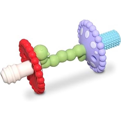 RaZbaby Chompy Teether Wand – Soft Silicone Hollow Baby Teething Tube for Front Teeth & Back Molars, Sensory Development and Multi Textured & Flexible Design, Compatible Teether (Multi Colored)