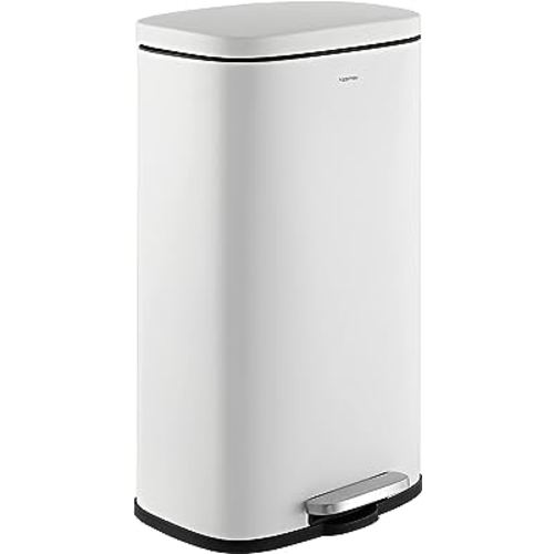 happimess HPM1011C Curtis 8-Gallon Step-Open Trash Can with Soft-Close Lid, Modern, Minimalistic, Fingerprint Proof for Home, Kitchen, Laundry Room, Office, Bedroom, Bathroom, White
