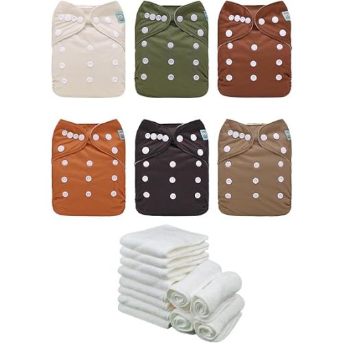 ALVABABY Baby Cloth Diaper 6 Pack with 12 Inserts One Size Cloth Diaper Covers Adjustable Washable Reusable for Baby Girls and Boys