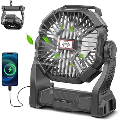 CONBOLA Portable Rechargeable Camping Fan for Tent with LED Lantern, 10-Inch Battery Operated Outdoor Fan with Hanging Hook, 270° Rotation, Small Quiet Personal Usb Cooling Fan for Travel, Fishing