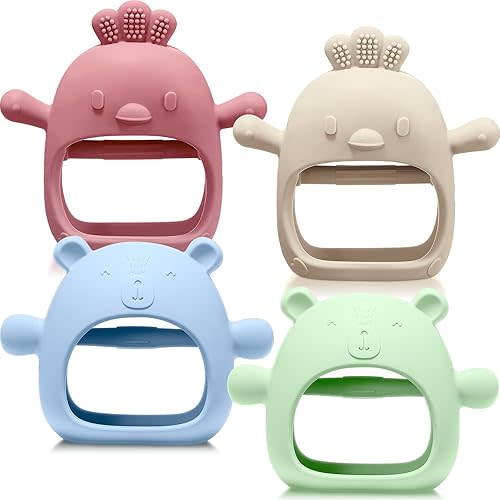 Woanger 4 Pcs Baby Teething Toys Bear Hand Teethers for Babies Silicone Chick Teething Toys for Babies Over 6 Months Anti Dropping Wrist Mitten for Sucking Needs (Blue, Dark Green, Yellow, Maroon)