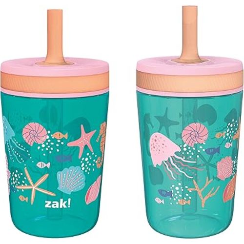 Zak Designs Kelso 15 oz Tumbler Set, (Shells) Non-BPA Leak-Proof Screw-On Lid with Straw Made of Durable Plastic and Silicone, Perfect Baby Cup Bundle for Kids (2pc Set)