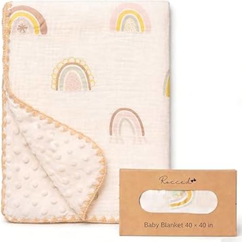 Baby Blanket with Dotted Double Layers Muslin Soft Swaddle Blanket Cotton Neutral Receiving Blankets for Toddler Baby Quilt Throw Blanket Bed Throw Blanket for Newborn Unisex 40x40 Inch-Rainbow