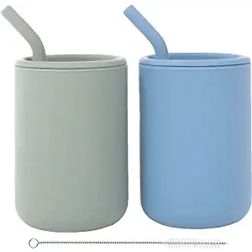 WeeSprout Silicone Baby Cups With Straws and Lids, 4 & 8 oz Options, Set of 2, Food Grade Toddler Training Container, Built In Straw Stoppers, Measurement Markings, Dishwasher Safe + Straw Cleaner - Matte Blue, Matte Green