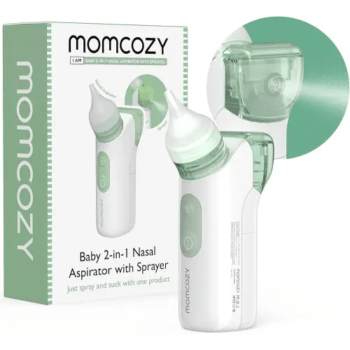 Momcozy 2-in-1 Baby Nasal Aspirator with Nasal Spray, Electric Nasal Aspirator for Baby, Battery Powered Nose Aspirator for Newborn and Toddler, 2 Tips Replacements