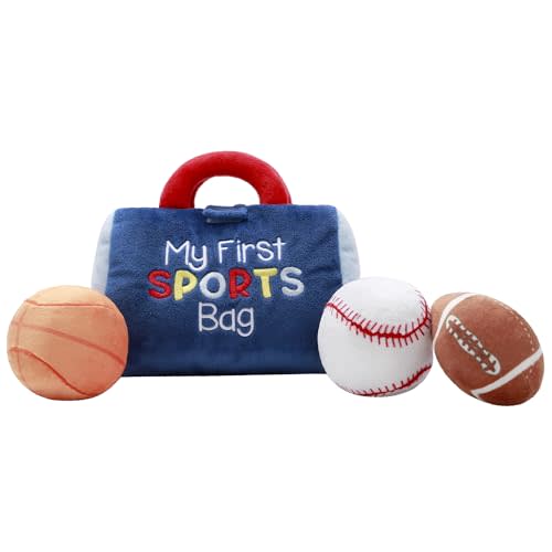 4 Piece Plush My First Sport Bag Play Set with Sensory Toy Balls for Baby, Blue All Sports, 6 inch, Basketball, Baseball, Football