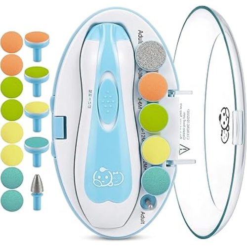 Royal Angels Upgraded 21 in 1 Baby Nail Trimmer with Labeled Case, 13 Extra Replacement Pads, Safe Electric Baby Nail File Kit for Newborns & Toddlers, Whisper Quiet Nail Clipper with LED Light (Blue)