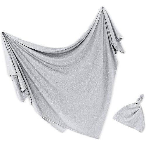 Newborn Swaddle and Hat Set, Stretchy and Comfortable Baby Swaddle Blanket, Use as Receiving Blanket, Toddler Blanket and More, Gray, 47 x 47 inches