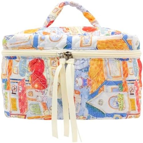 PAZIMIIK Cotton Makeup Bag for Women Large Quilted Travel Cosmetic Case Girls' Make Up Organizer,Little Bunny