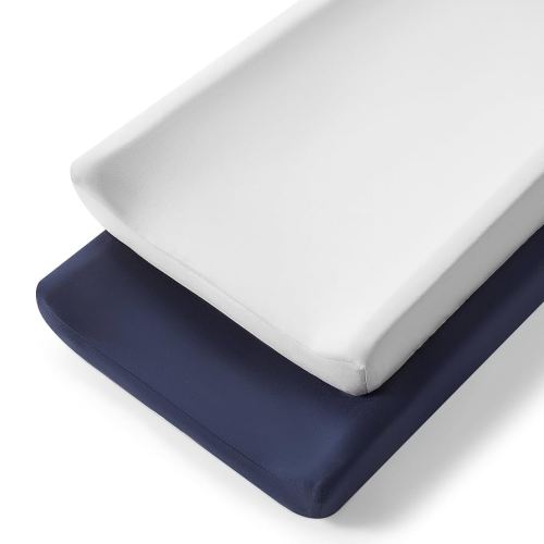 TILLYOU Changing Pad Cover Set in Soft Jersey Material - Fits 32"/34''x16 Contoured Pad for Babies, Navy Blue & Lt Gray